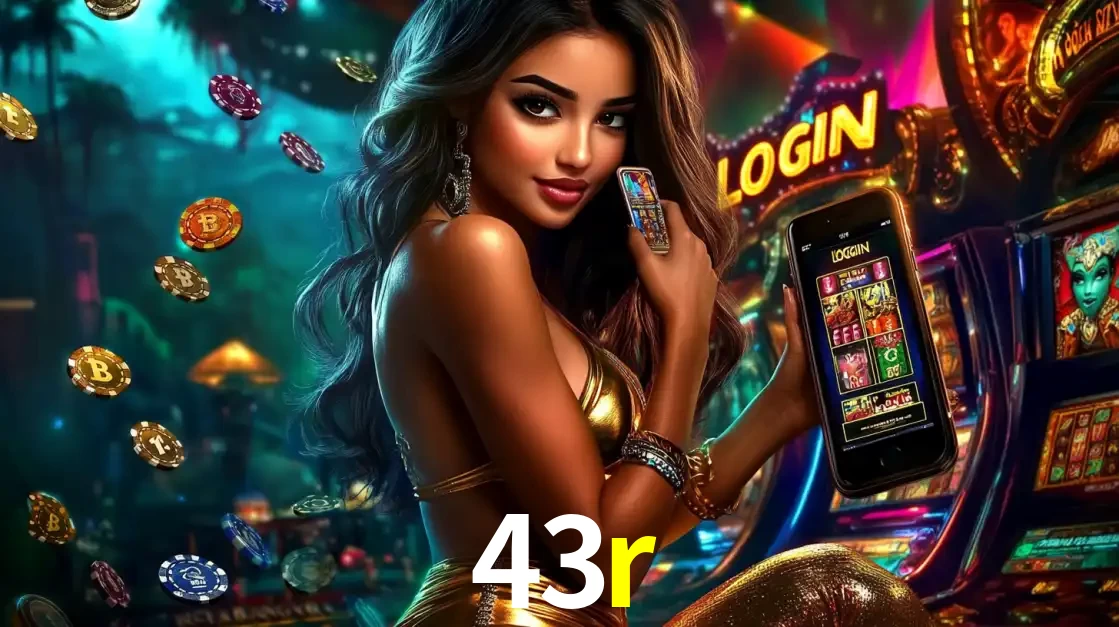 Mulher em um cenário de cassino temático de aventura, mostrando o app de caça-níqueis da 43r no celular. Fichas de apostas flutuam ao redor.