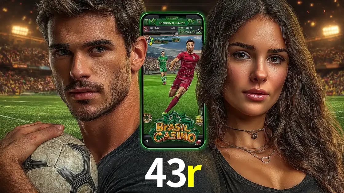 Homem segurando uma bola de futebol e uma mulher ao lado de um smartphone exibindo o jogo de apostas esportivas da 43r. Faça seu palpite no cassino online.